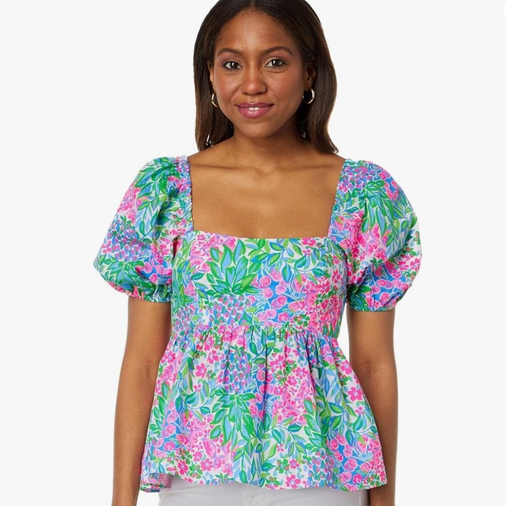 NWT Lilly Pulitzer Kay Floral Puff Sleeve Top in A Multi Cherry on Top -- Sz 16